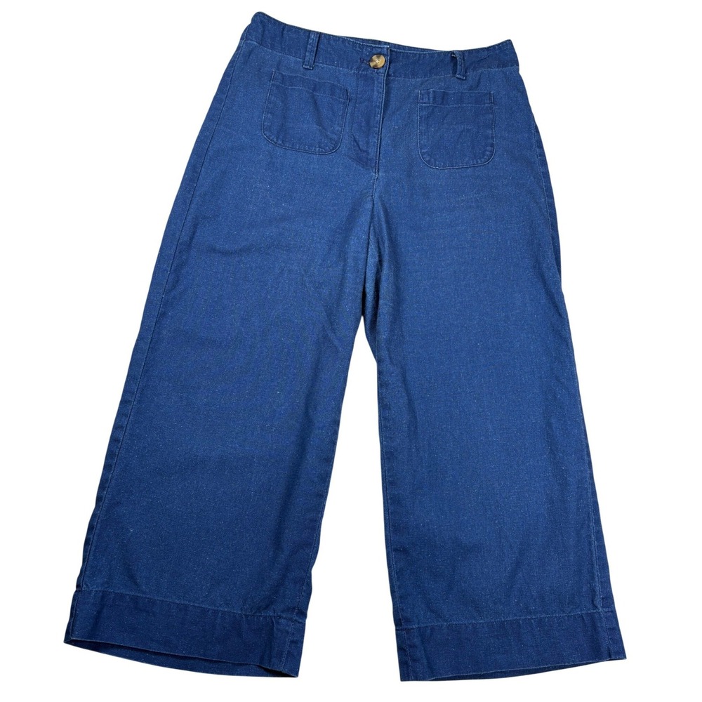 Talbots 6P Blue Linen Cotton Wide Leg Cropped Pants Patch‎ Pocket Coastal Casual